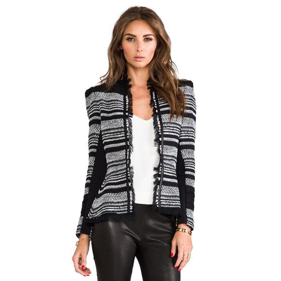 Rebecca Taylor Tweed Preppy Peplum Black White Wool & Lamb Leather Jacket 4 $495 - Picture 1 of 7